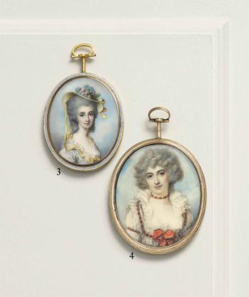 A young lady called Lady Wellesley, in white dress with frilled collar and scarlet bow at bodice, decorated with loops of beads of alternating shades of red, with matching necklace by Richard Cosway