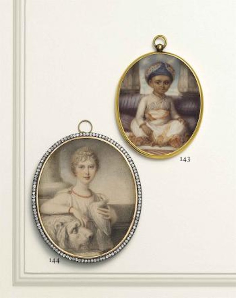Princess Charlotte Augusta of Wales (1796-1817) as a young girl, in white tunic with jewelled clasps at shoulders, coral necklace and bracelet, holding a dove in her left hand by Richard Cosway