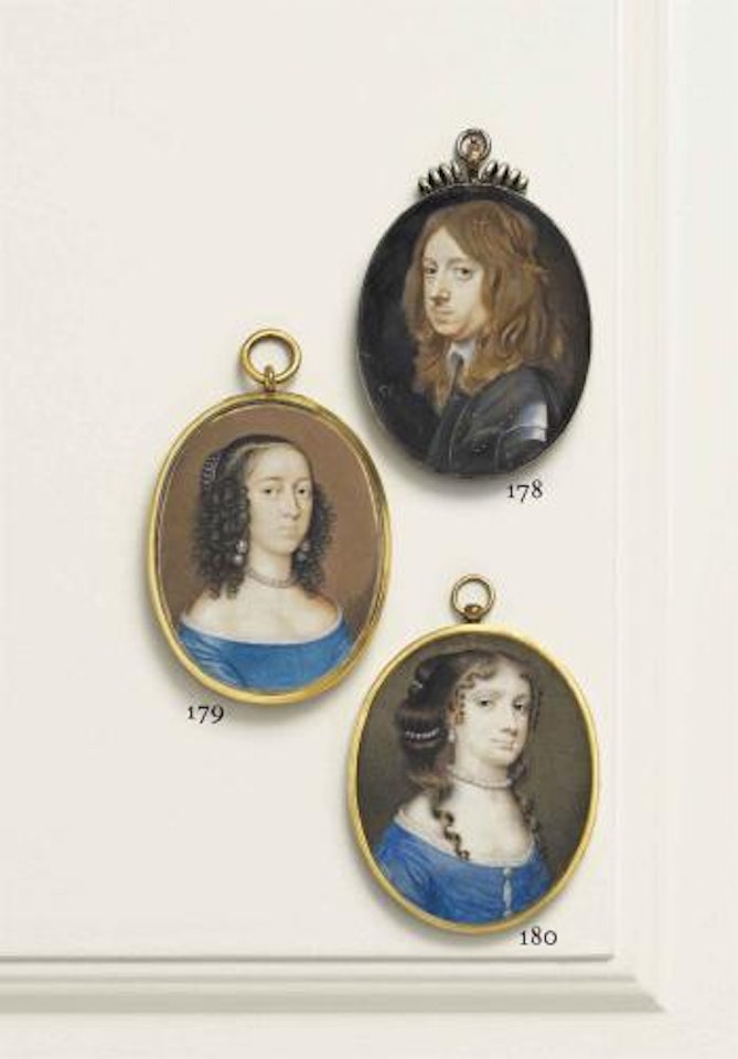 A young lady, in low-cut cerulean blue dress, pearl necklace and drop-pearl earrings, pearl-laced cap in her upswept curling brown hair by David Des Granges