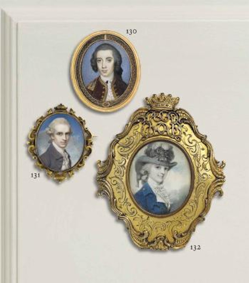 A young lady, in blue riding habit with gold coloured buttons and white cravat, her grey ribboned hat trimmed with feathers by Richard Cosway