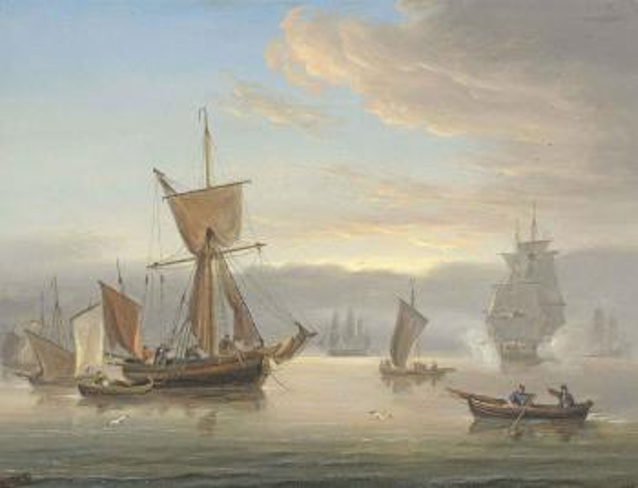 A Royal Navy frigate firing a salute to announce her arrival at the anchorage by Thomas Luny