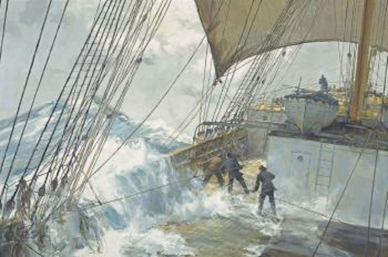 The rising wind: On deck aboard the Ethopian [?] by Montague Dawson