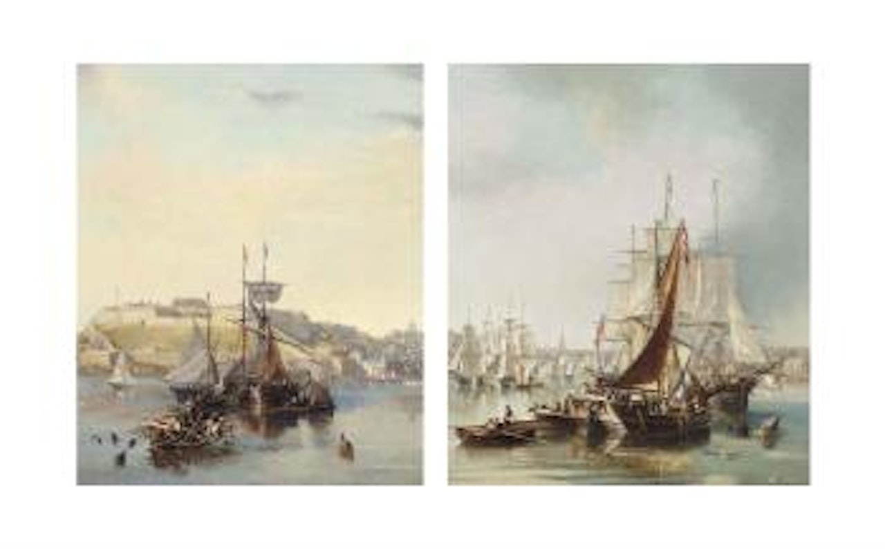 Fishing vessels at anchor lying before the Citadel at Plymouth; and View from the harbour of the old town of Plymouth by John Wilson Carmichael