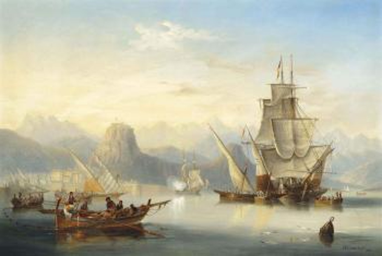 Local craft and a saluting frigate in the bay of Rethymnon, Crete, with the port citadel rising to the left and Mount Ida seen in the distance beyond by John Wilson Carmichael
