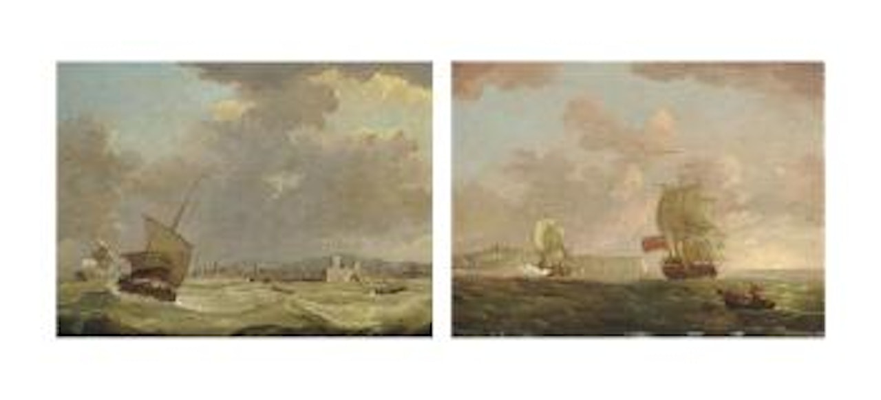 A warship saluting a British two-decker as she runs up the Strait of Dover in the Channel; and Shipping in a stiff breeze off a Channel port by Francis Swaine