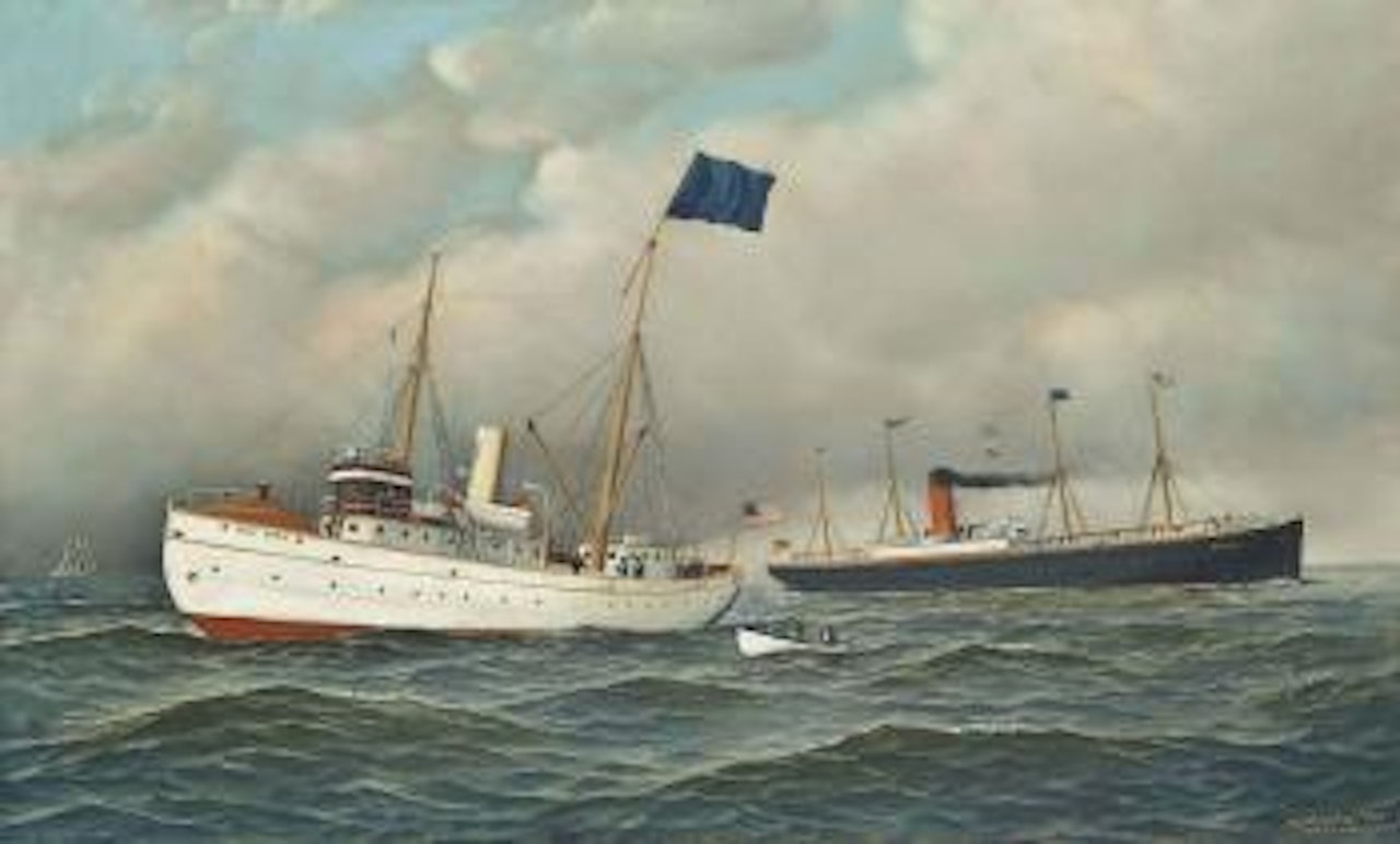 The Atlantic Transport Line's Mohawk arriving off New York and under escort by the pilot boat New York by Antonio Jacobsen