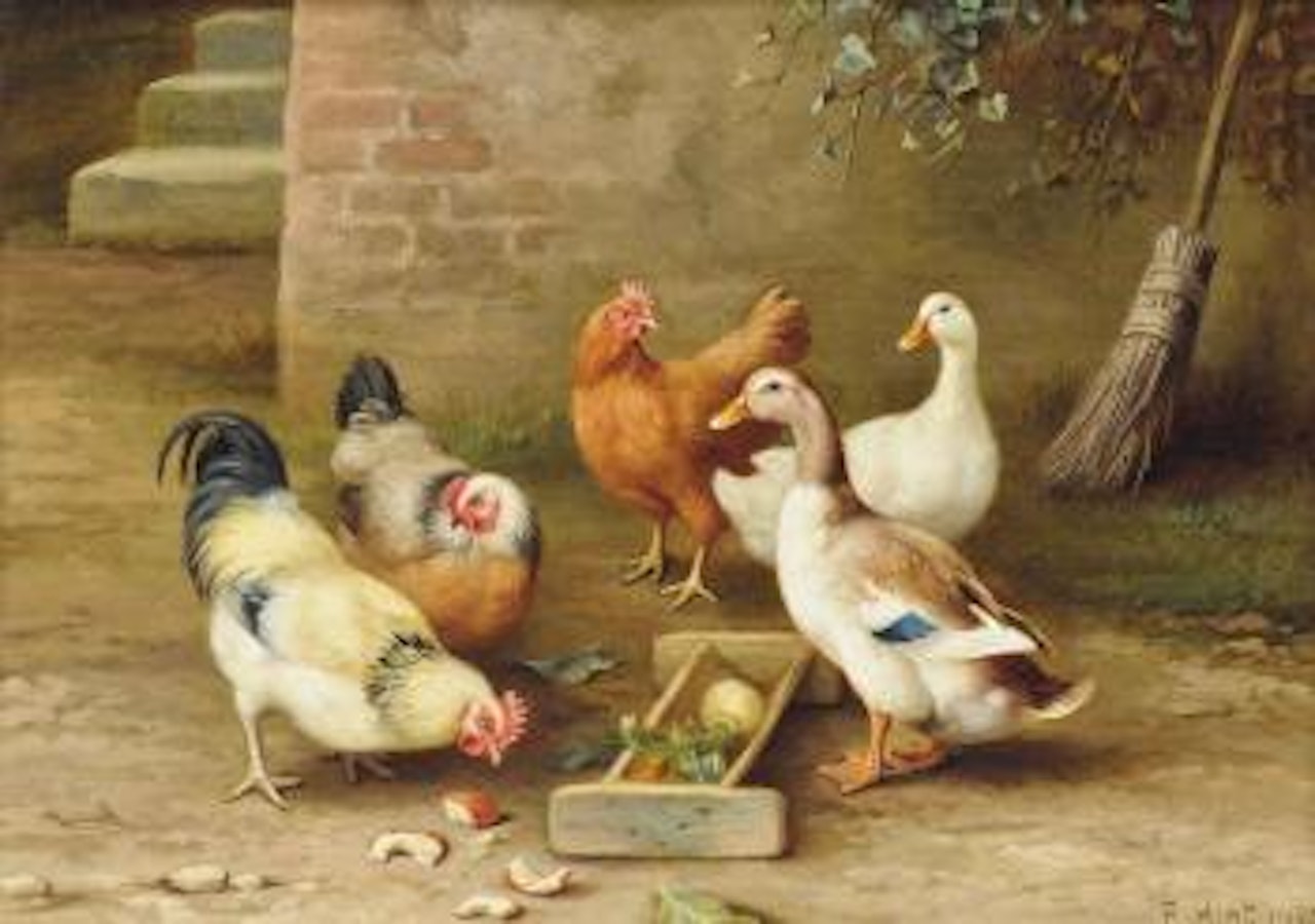 Chickens and ducks in a farmyard by Edgar Hunt