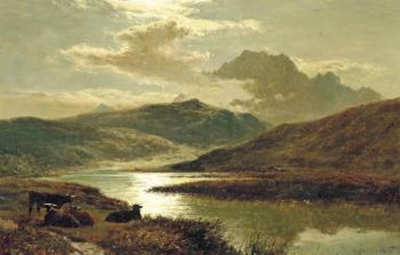 Cattle at the edge of a lake, traditionally identified as Broadford, Isle of Skye by Sidney Richard Percy