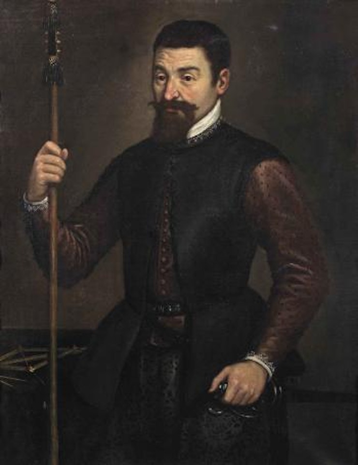 Portrait of a military engineer, three-quarter-length, in a purple silk coat and black doublet, holding a staff and a sword, measuring instruments on the table beside him by Leandro Bassano