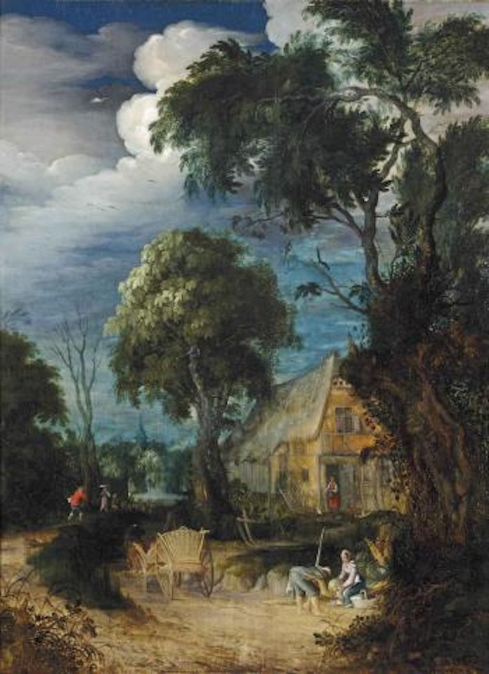 A wooded landscape with figures resting by a cottage, a horsedrawn cart and herdsmen nearby by Abraham Govaerts