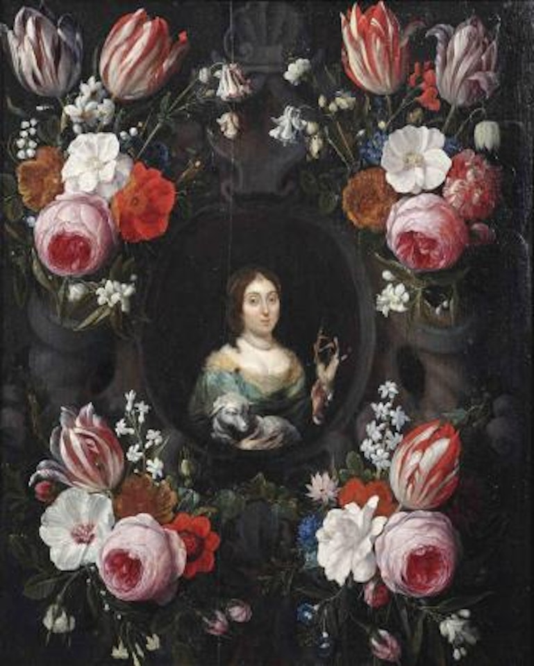 A stone cartouche surrounded by garlands of tulips, roses, carnations and other flowers with Saint Genevieve by Jan Van Kessel The Elder