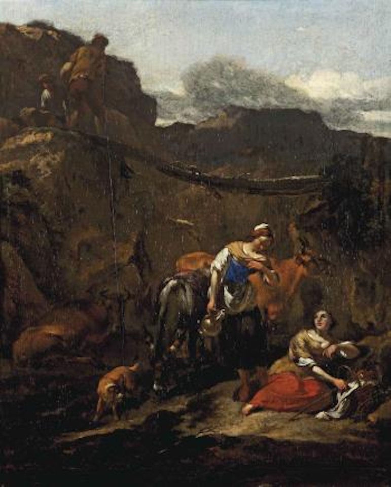 Shepherds resting in a rocky landscape by Nicolaes Pietersz Berchem