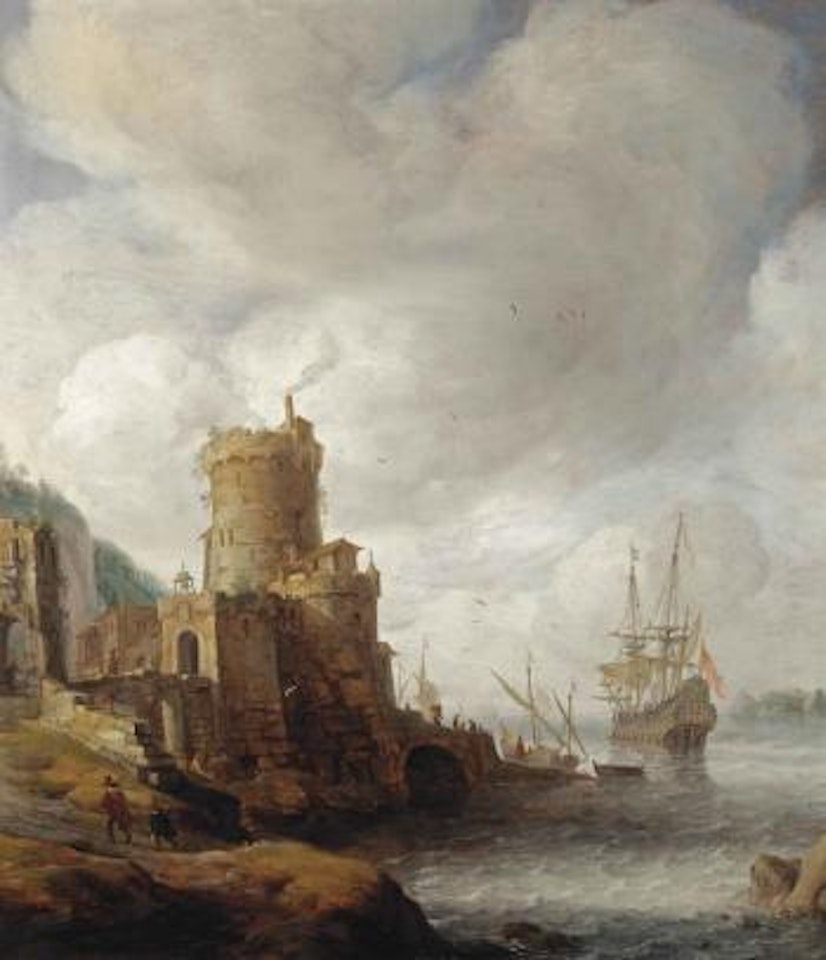 A Mediterranean 'capriccio' harbour with a Dutch man-o'-war mooring by Jan Abrahamsz. Beerstraten