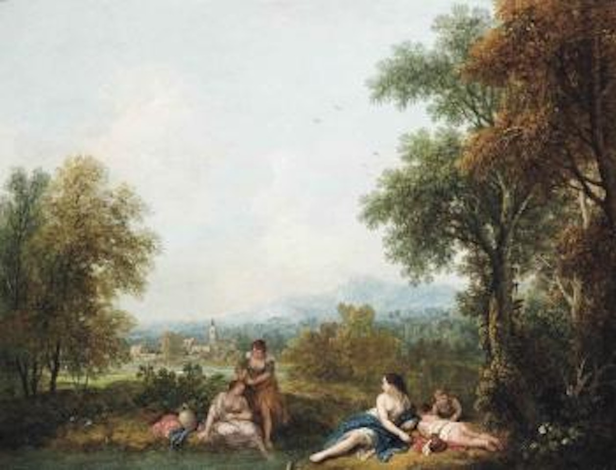 A pastoral river landscape with figures bathing by Francesco Zuccarelli