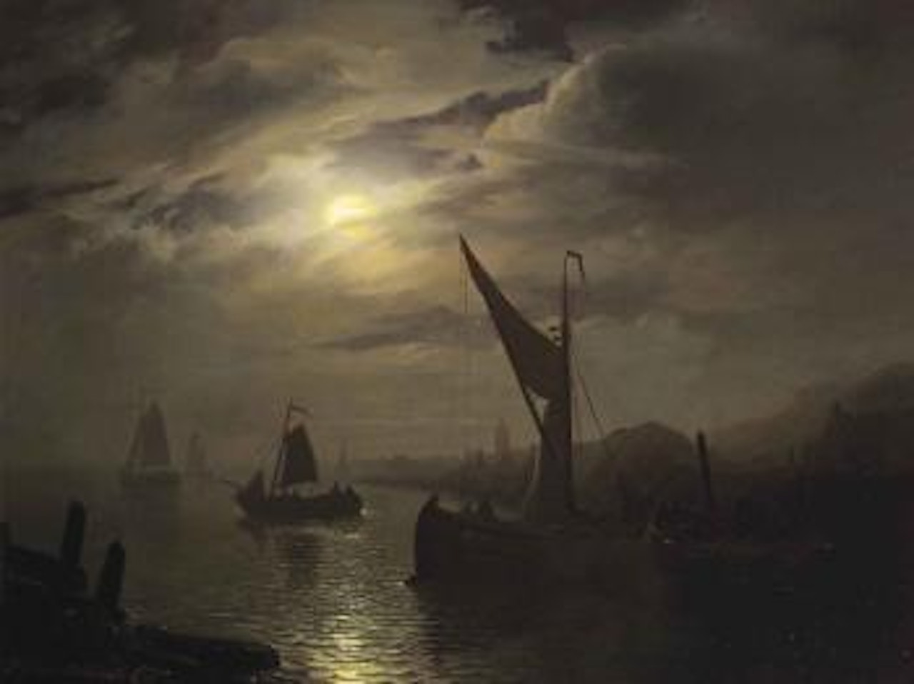 A moonlit harbour by Petrus van Schendel