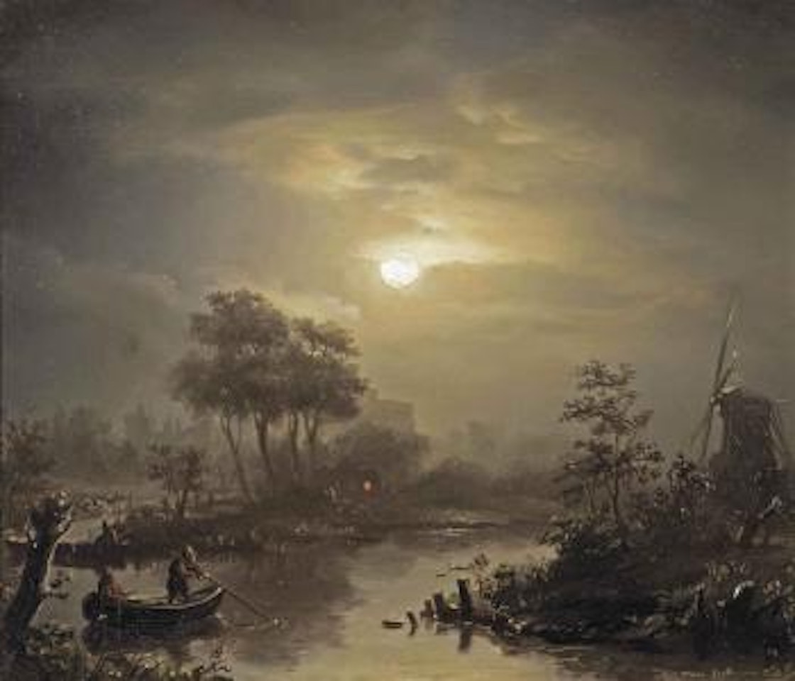 A moonlit river landscape, with a town in the distance by Petrus van Schendel
