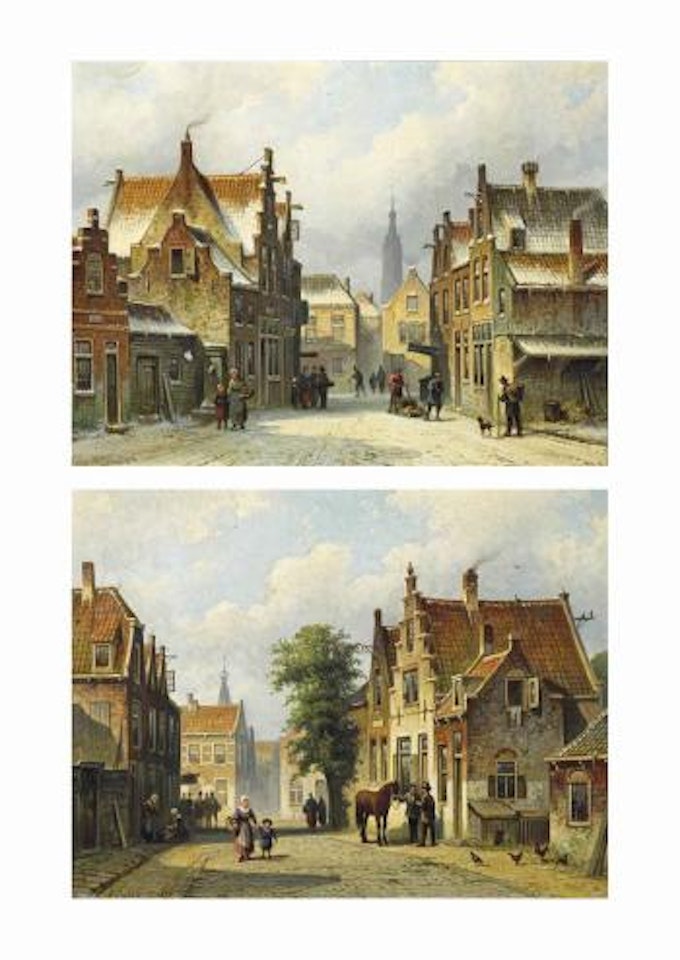A sunlit street in Haarlem, the tower of the St Bavo in the distance; and A snow-covered street in Delft, with the Nieuwe Kerk by Eduard Alexander Hilverdink