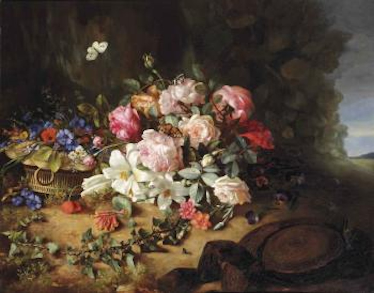 Gallica roses, white lilies, carnations, cornflowers, hollyhocks, honeysuckle, an ivy branch and butterflies on a forest floor by Margaretha Roosenboom