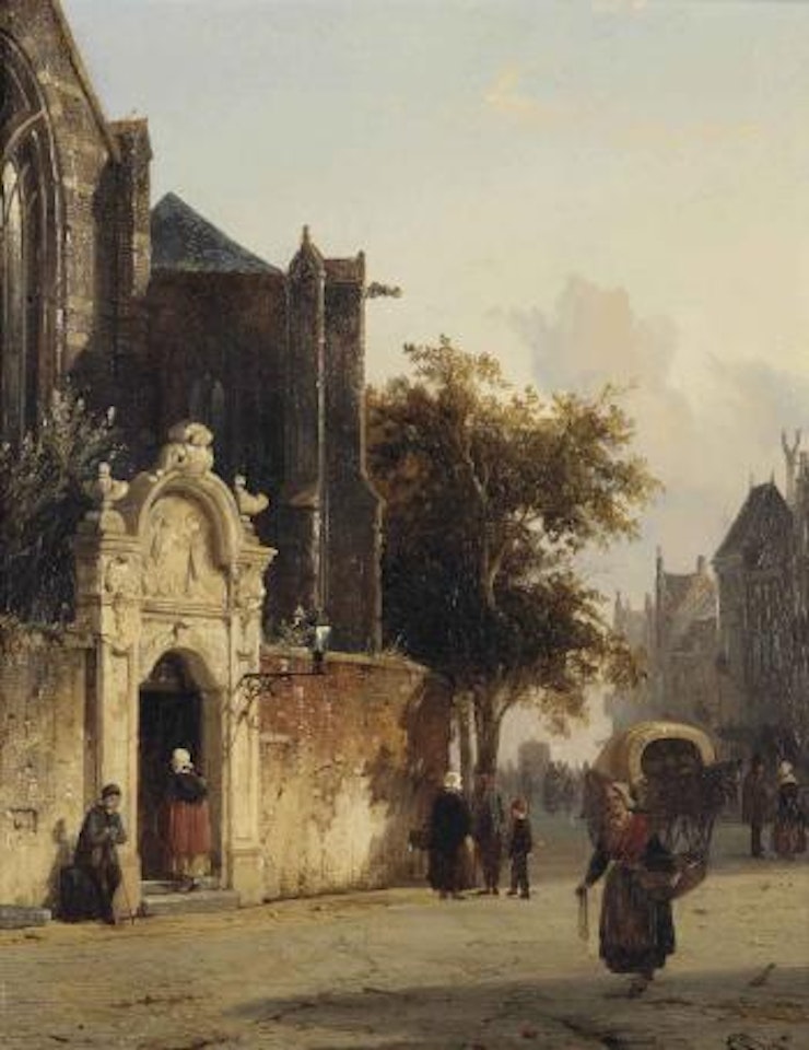 A sunlit street with a church and numerous figures by Cornelis Springer
