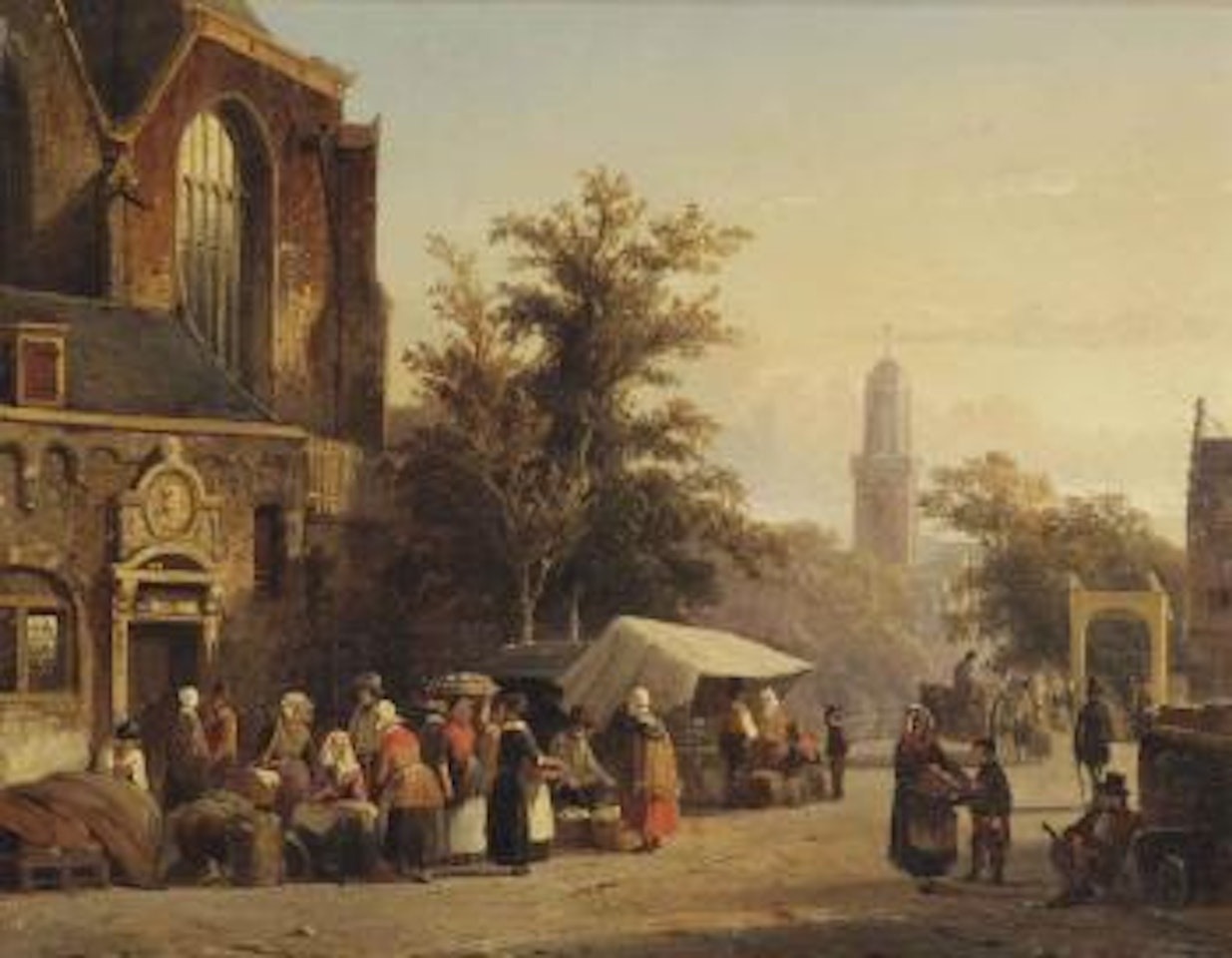 Daily activities at the Markt in Zwolle with the Onze Lieve Vrouwekerk in the distance by Cornelis Springer