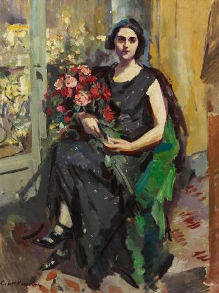 Young Lady With a Bouquet Of Roses by Konstantin Alekseevich Korovin