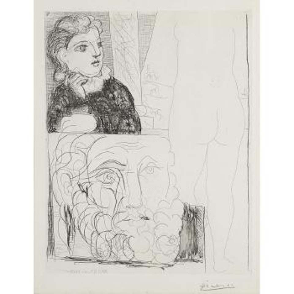 Femme accoudÃ©e, Sculpture de Dos et TÃªte barbue, pl. 71, from La Suite Vollard (B. 184; Ba. 343) by Pablo Picasso