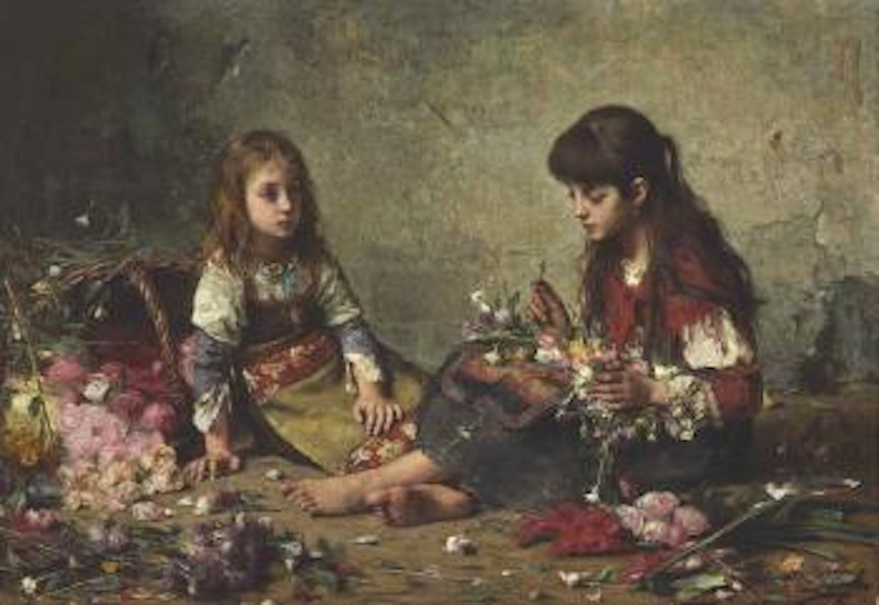 Two girls arranging flowers by Alexei Harlamoff