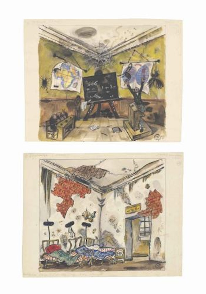 Two set designs: The hospital; and The school by Mstislav Valerianovich Dobuzhinsky