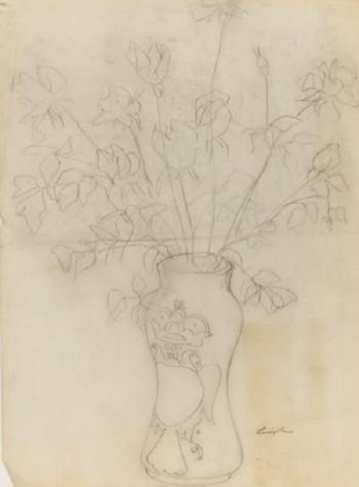 Roses dans un vase à décor de colombe by Leonard Tsuguharu Foujita
