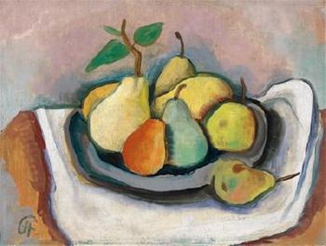 Pears in a dish on a cloth by Karl Hofer