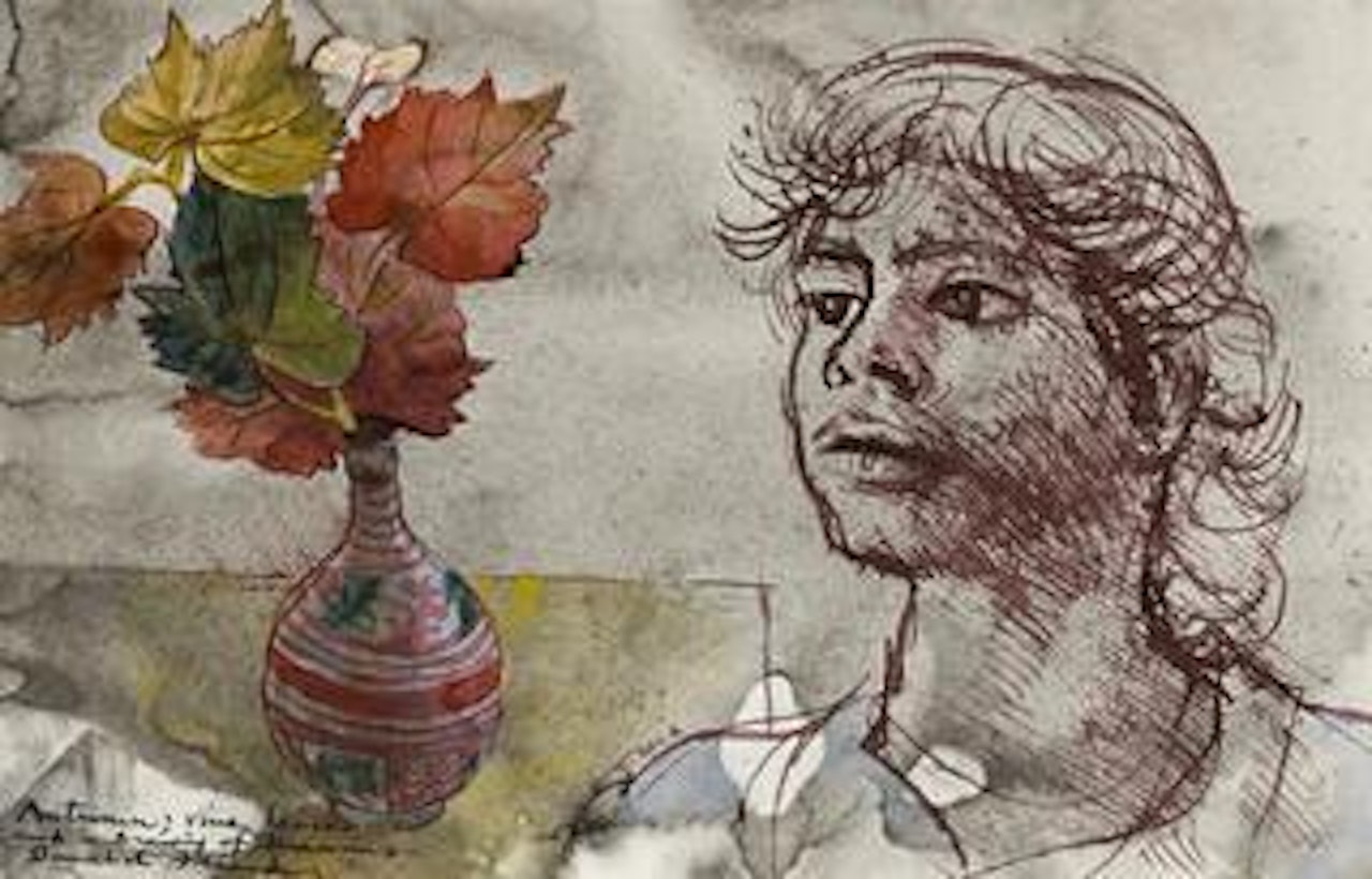 Autumn: vine leaves and a drawing of Massino by Donald Stuart Leslie Friend