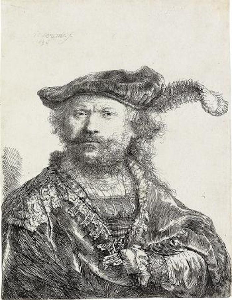 Self portrait in a velvet cap and plume by Attributed to Rembrandt Harmensz van Rijn