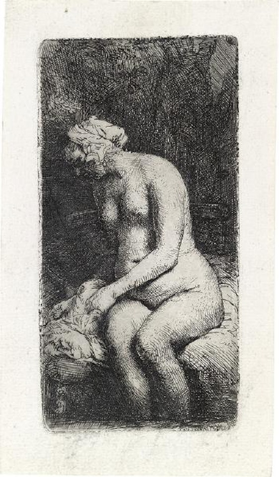 Woman bathing her feet at a brook by Attributed to Rembrandt Harmensz van Rijn