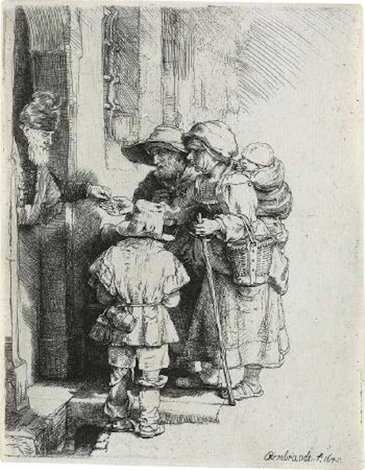 Beggars receiving alms at a door by Attributed to Rembrandt Harmensz van Rijn