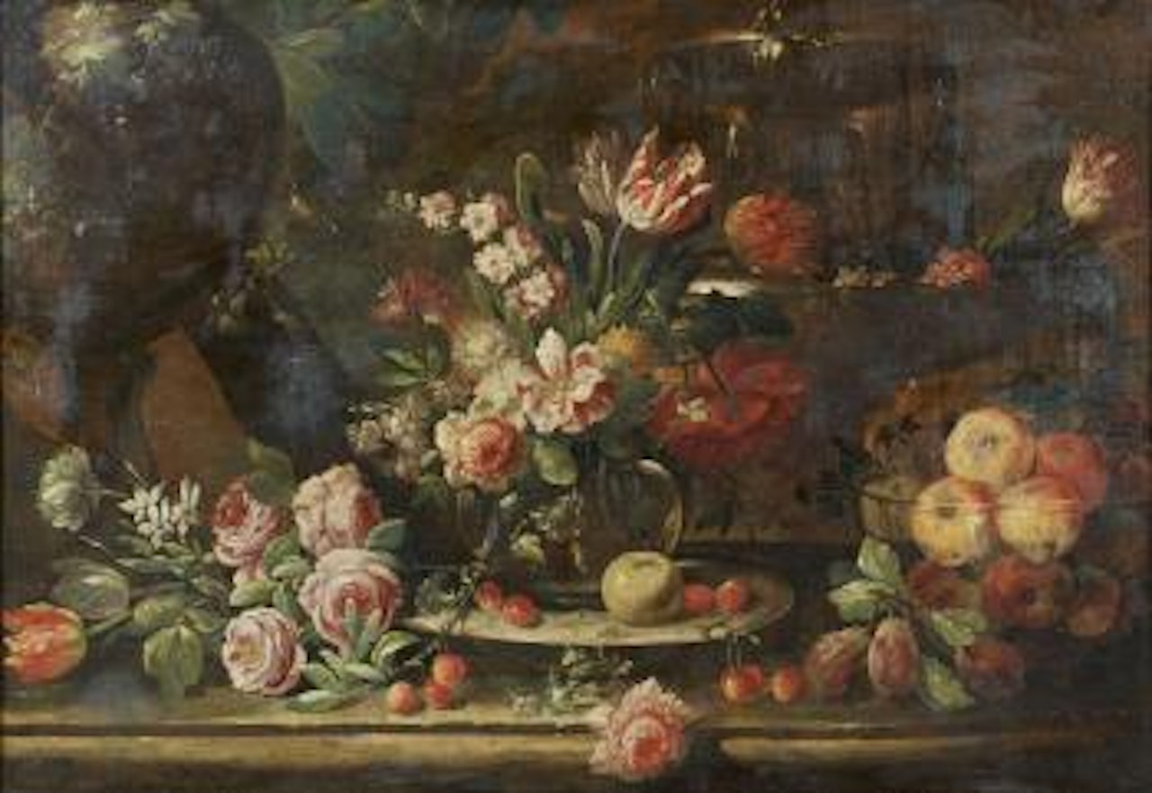 Composition de fleurs et fruits sur un entablement de pierre by Abraham Brueghel