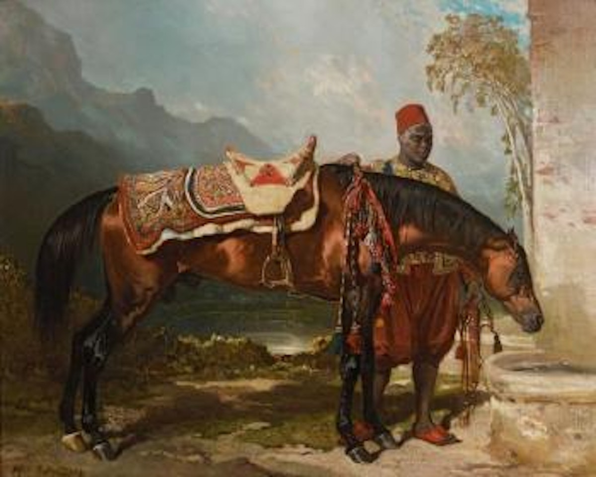 Hassan, étalon arabe et son saïk devant l'abreuvoir by Alfred de Dreux