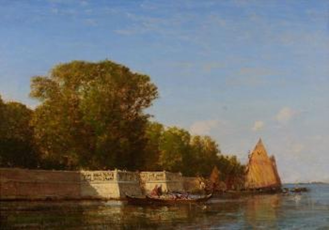 Gondoles et bragosi devant les jardins français, Venise by Félix Ziem