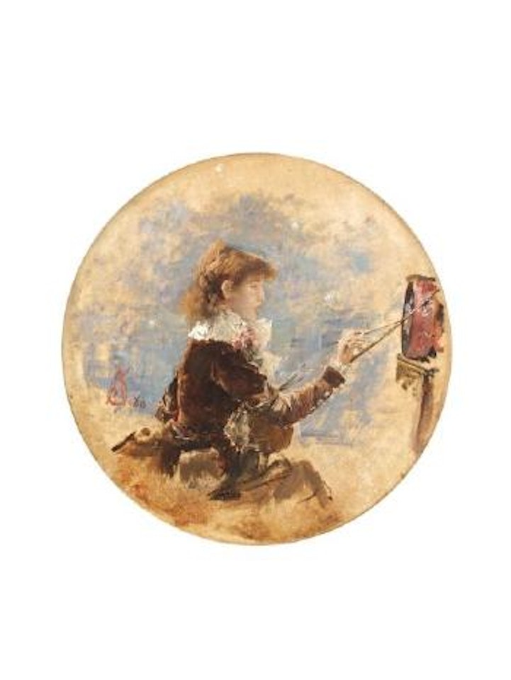 Sarah Bernhardt peignant son tambourin pour la fête de Murcie by Alfred Stevens