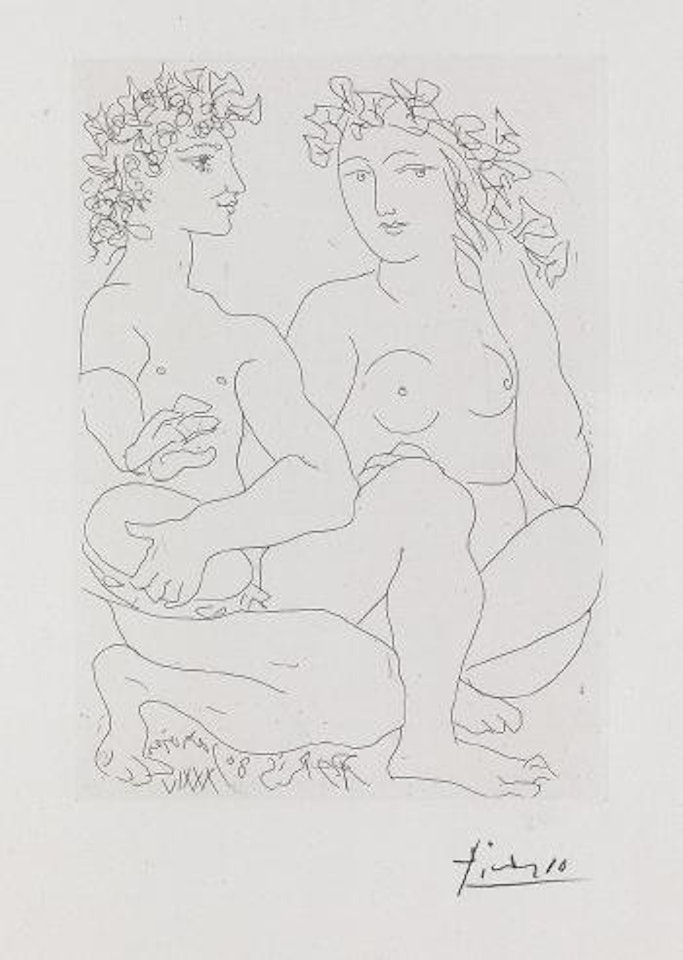 Jeune couple accroupi, l'homme avec un tambourin by Pablo Picasso