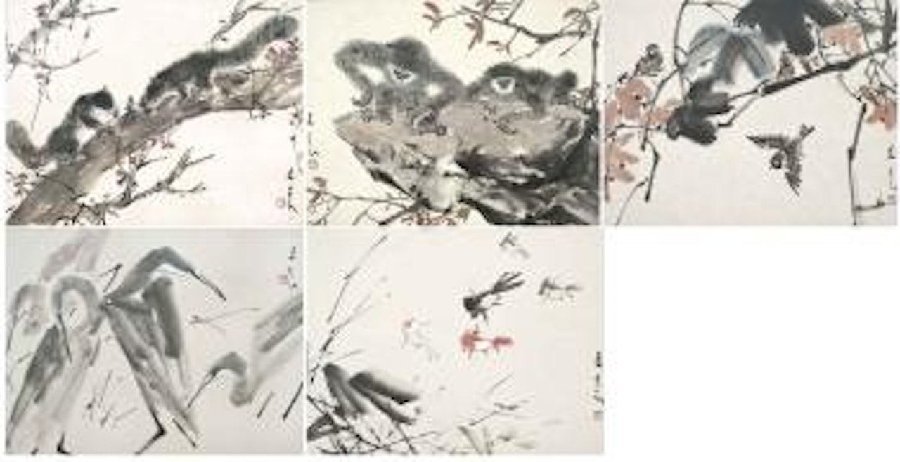 Two Gibbons; Five Fishes; Three Birds; Two Squirrels; & Four Herons by Chen Wen Hsi