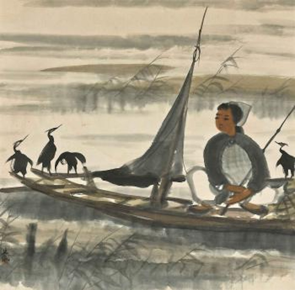 Girl on a Boat with Cormorants by Lin Fengmian