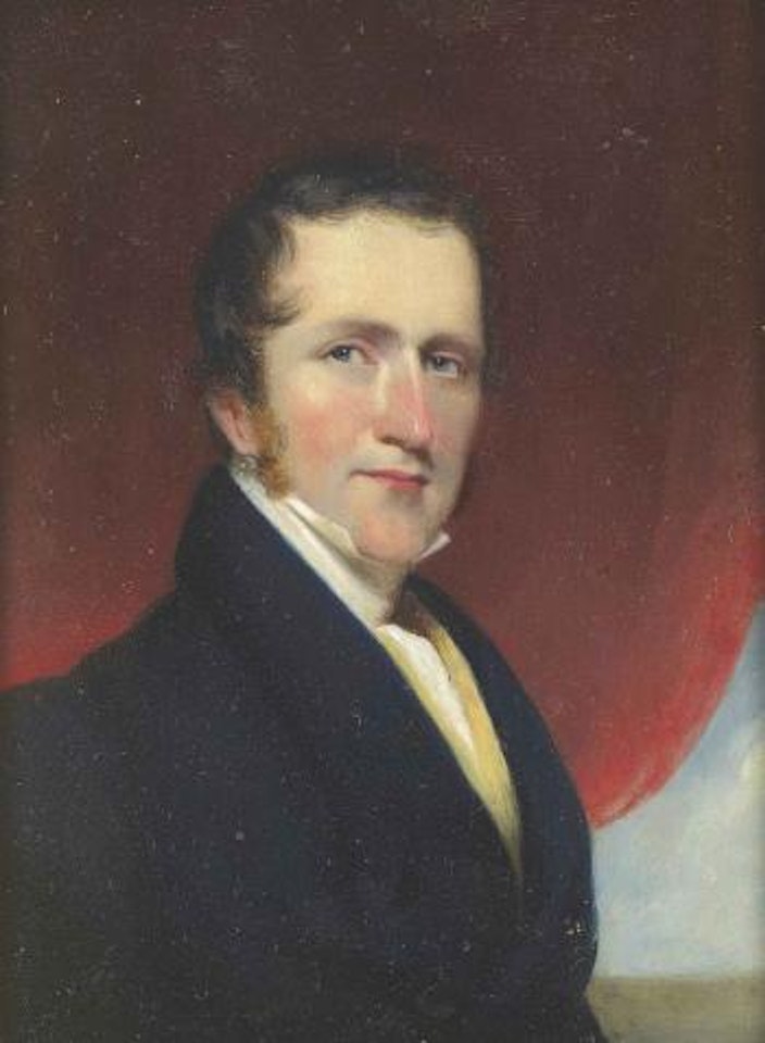 Portrait of a gentleman, half-length, in a black coat, before a red curtain by George Chinnery