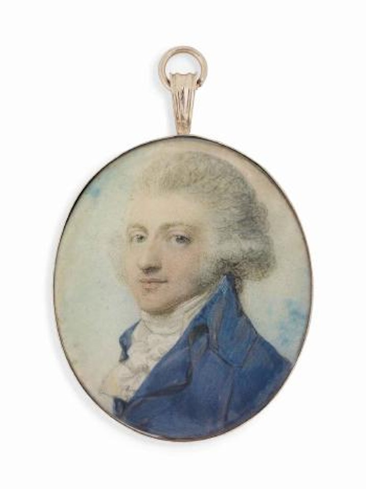 A young gentleman, in blue coat, white knotted cravat, his powdered hair worn en queue; sky background by Richard Cosway