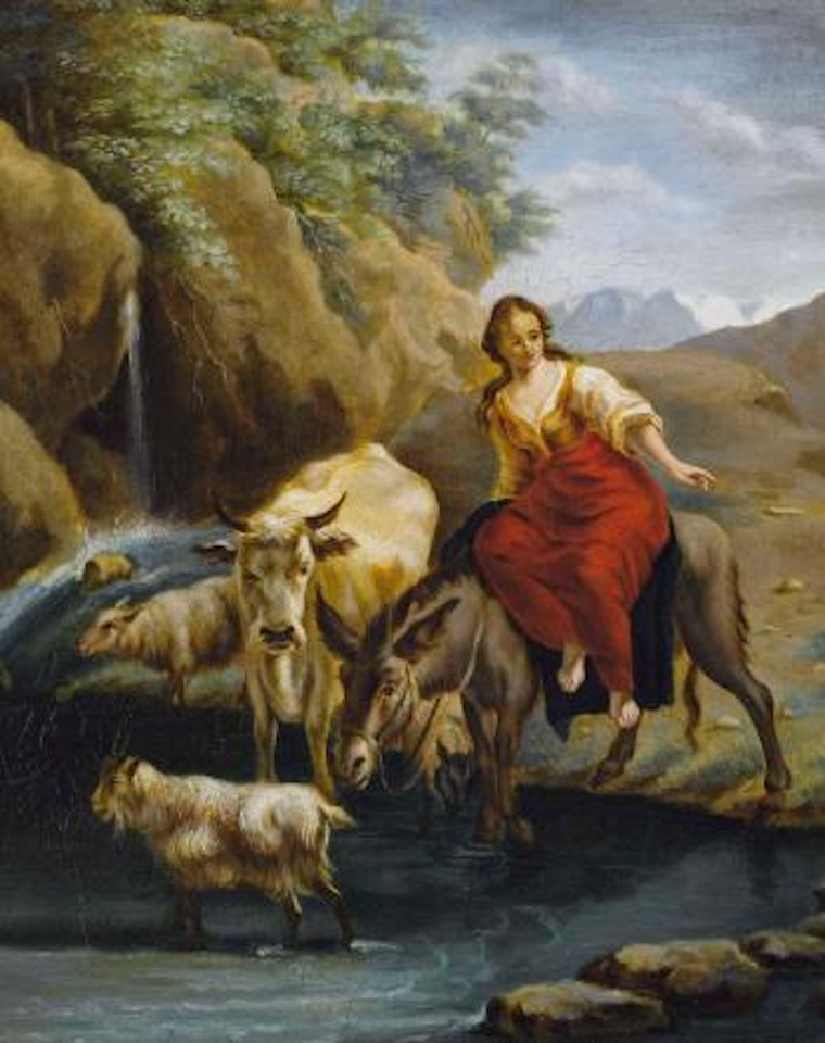 Eselreiterin mit Vieh am Flussufer by Nicolaes Pietersz Berchem