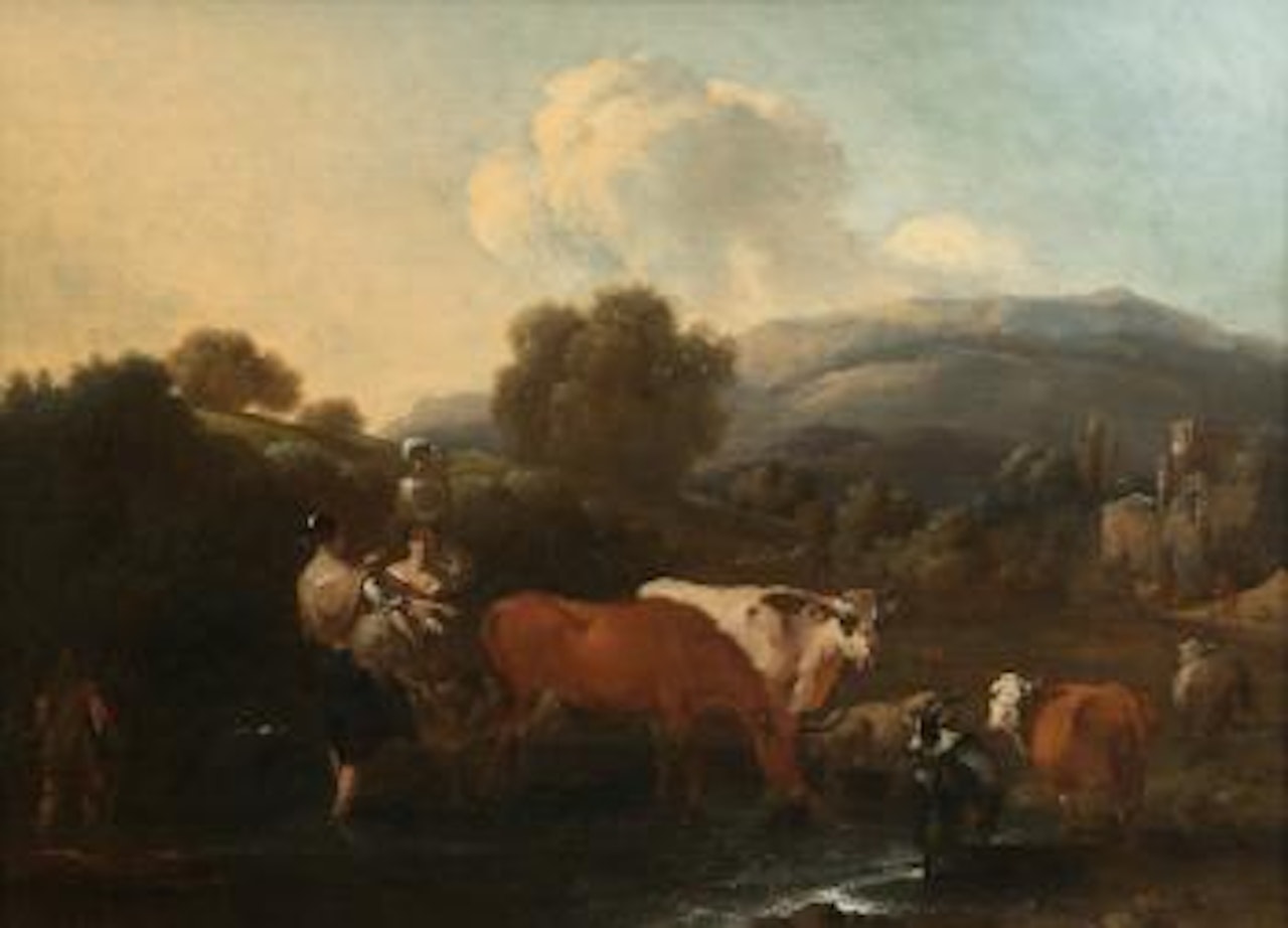 Zwei Frauen mit Rindern am Fluß by Nicolaes Pietersz Berchem