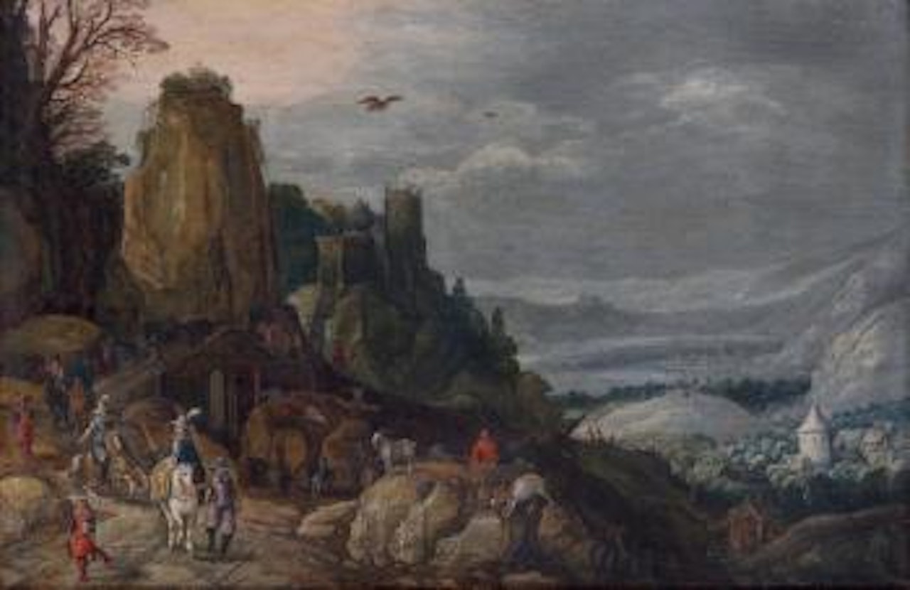 Paysage de rivière avec des voyageurs sur un pont by Joos de Momper the Younger