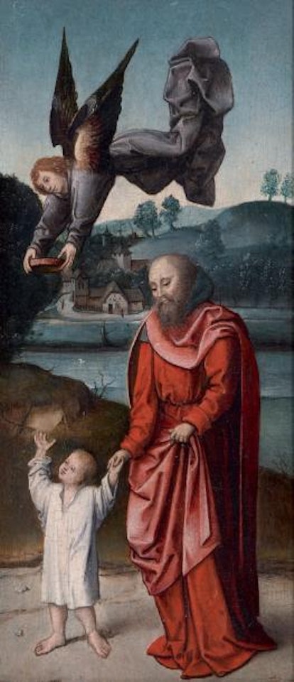 Saint Joseph et l'Enfant Jésus dans un paysage de rivière by Master of Frankfurt