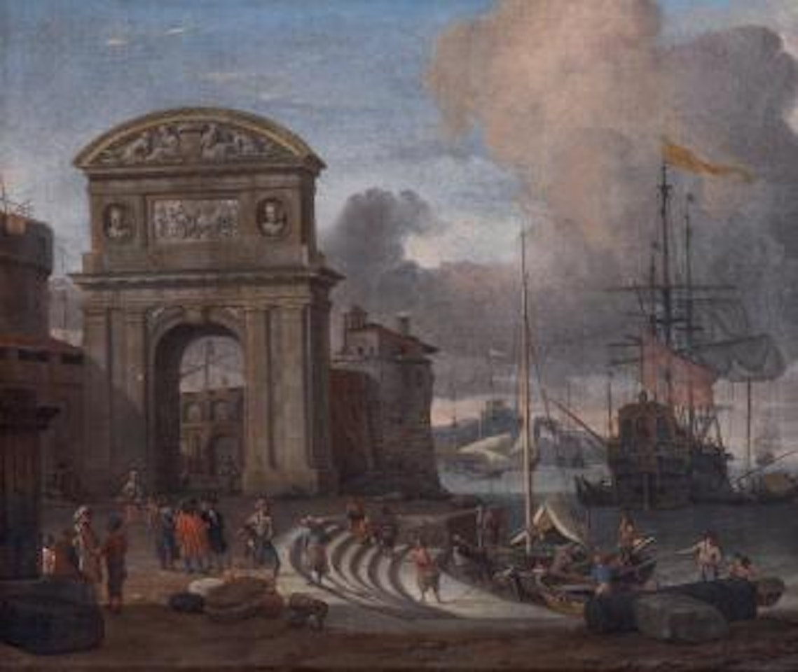 Port italien avec un arc de Triomphe by Abraham Storck