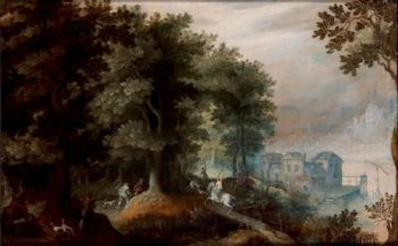 Scène de chasse à courre dans une forêt près d'un lac by Abraham Govaerts