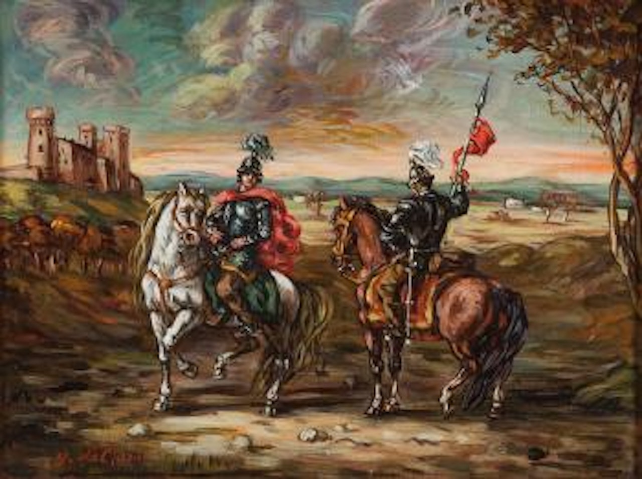 Due cavalieri in un paesaggio [Two knights in the landscape] by Giorgio de Chirico